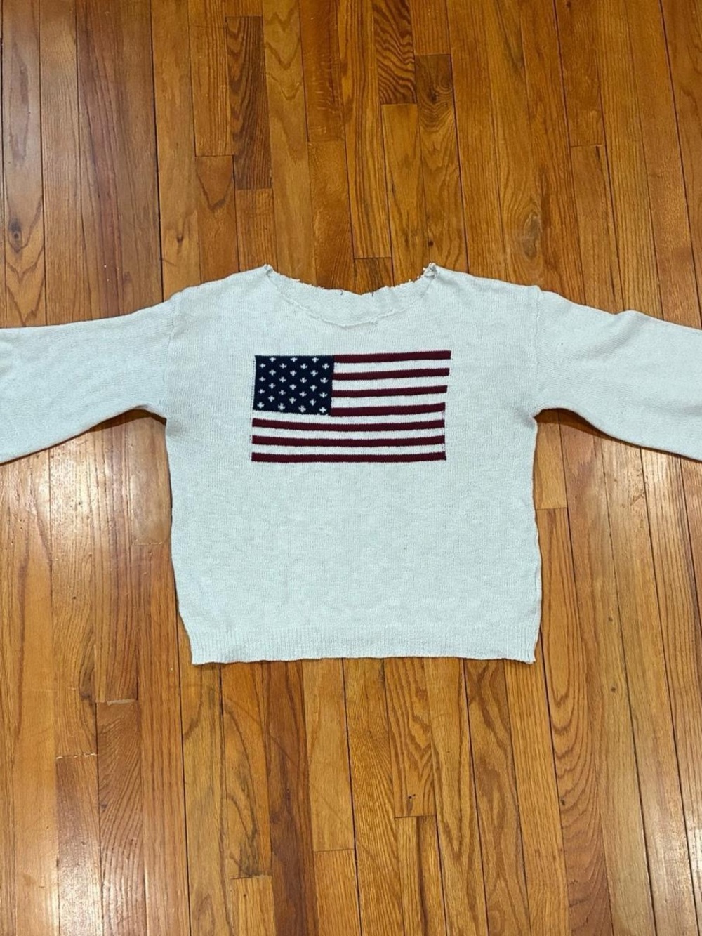 Cream Off-the-Shoulder American Flag Sweater